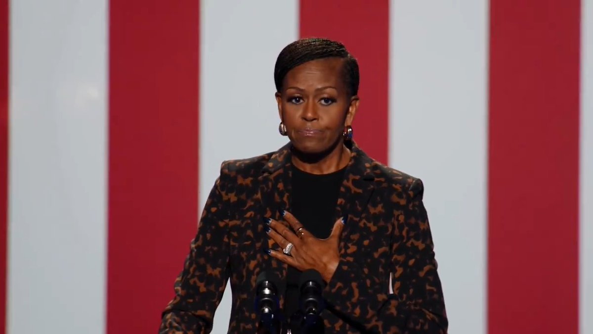 .Michelle Obama: I hope that you will forgive me if I'm a little angry that we are indifferent to Donald Trump’s erratic behavior. His obvious mental decline, his history as a convicted felon, a known slumlord, a predator found liable for sexual abuse. All of this while we pick apart Kamala's answers from interviews that he doesn't even have the courage to do