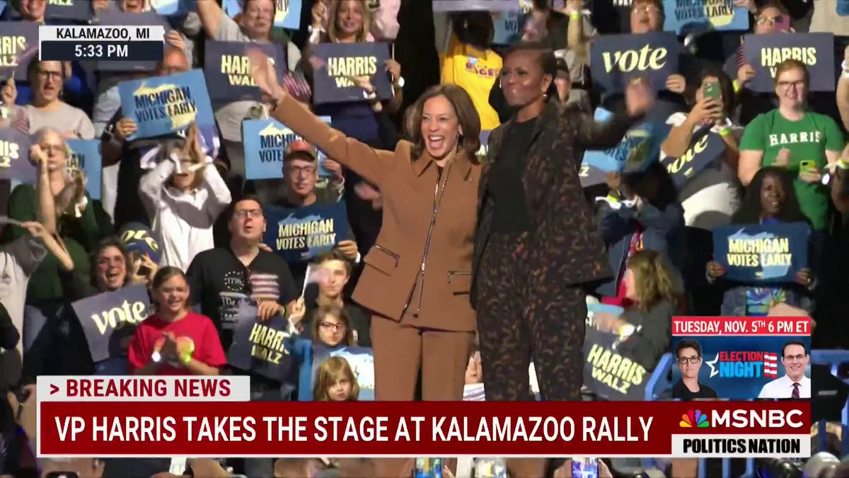 Michelle Obama introduced Vice President Kamala Harris at their first joint rally in Kalamazoo, MI. Before welcoming Harris to the stage, the former First Lady urged the crowd not to remain passive, but to get out and "do something.”