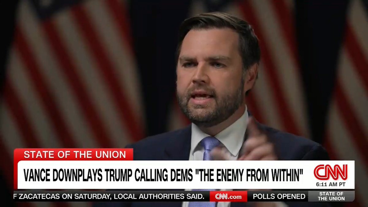 .Jake Tapper 🦅: "Liz Cheney, [Trump] said, should be put before a war tribunal. None of that sounds fascistic to you at all?" JD Vance: "No, of course it doesn't."