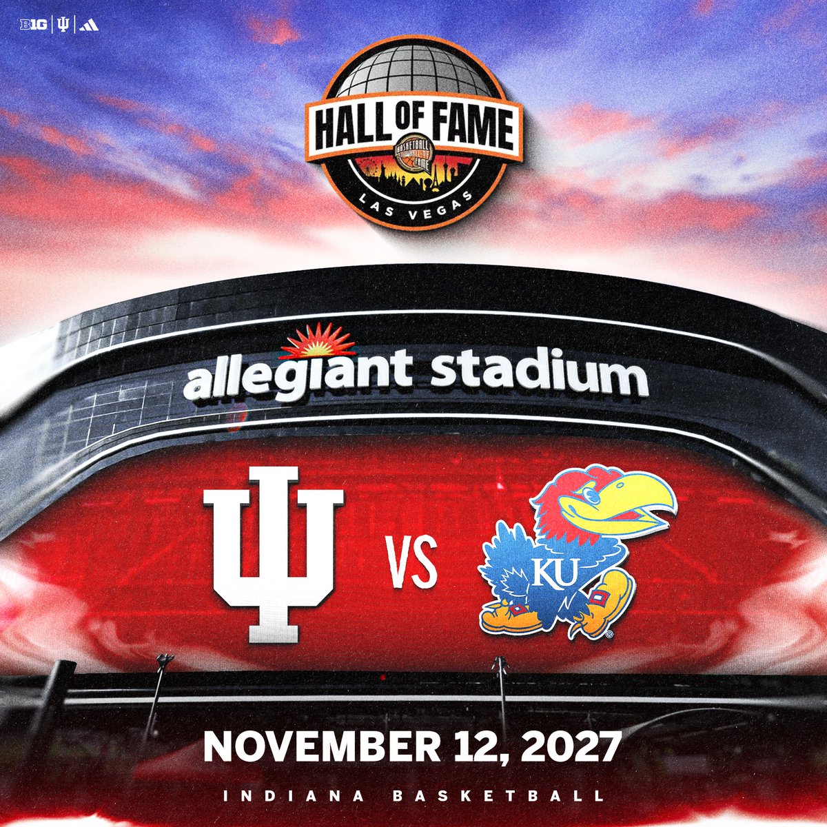 Indiana vs. Kansas. Indiana Men’s Basketball will square off with the Kansas Jayhawks as part of the 2027 Hall of Fame Series in Las Vegas. 👏