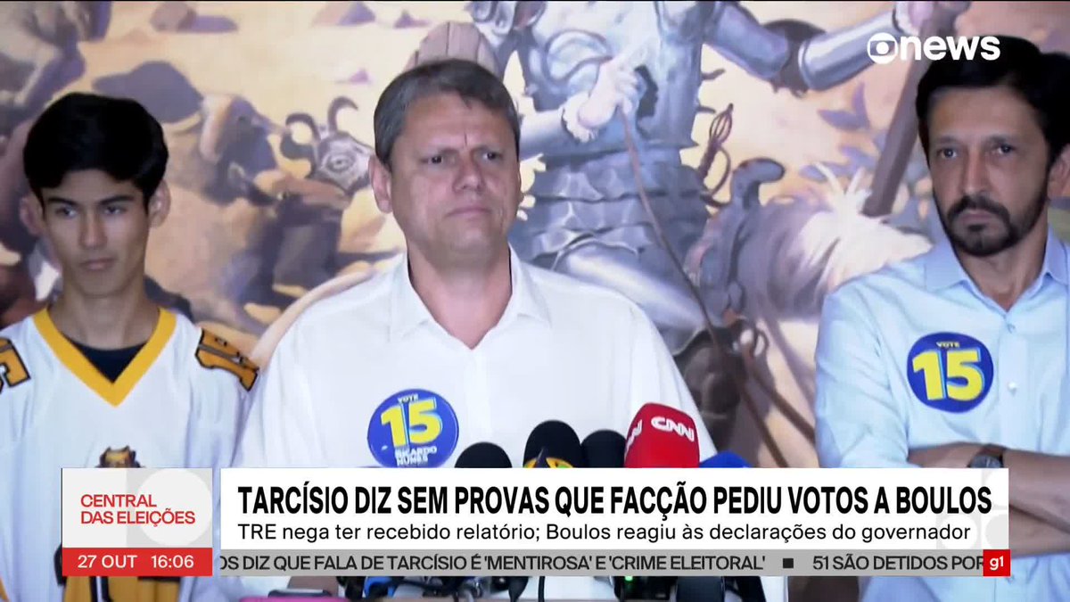 Tarcísio de Freitas diz, sem provas, que facção pediu votos a Guilherme Boulos. TRE nega ter recebido relatório. ➡ Assista ao #CentraldasEleições com: #GloboNews #Eleições2024