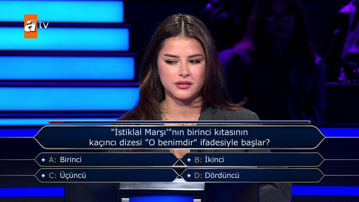 Kim Milyoner Olmak İster'de bir yarışmacının elendiği soru: "İstiklal Marşı'nın birinci kıtasının kaçıncı dizesi 'O benimdir' ifadesiyle başlar?"