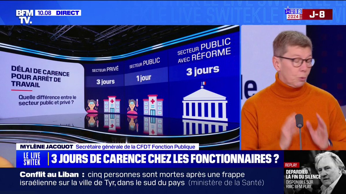 Hausse du délai de carence chez les fonctionnaires: de la "colère" et de la "sidération", réagit Mylène Jacquot (CFDT Fonction Publique)