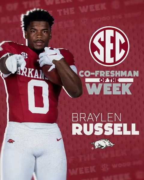 🏈 SEC Freshman Player of the Week: WK 9 🐗 Braylen Russell Arkansas Football 🐗 x #SECFB