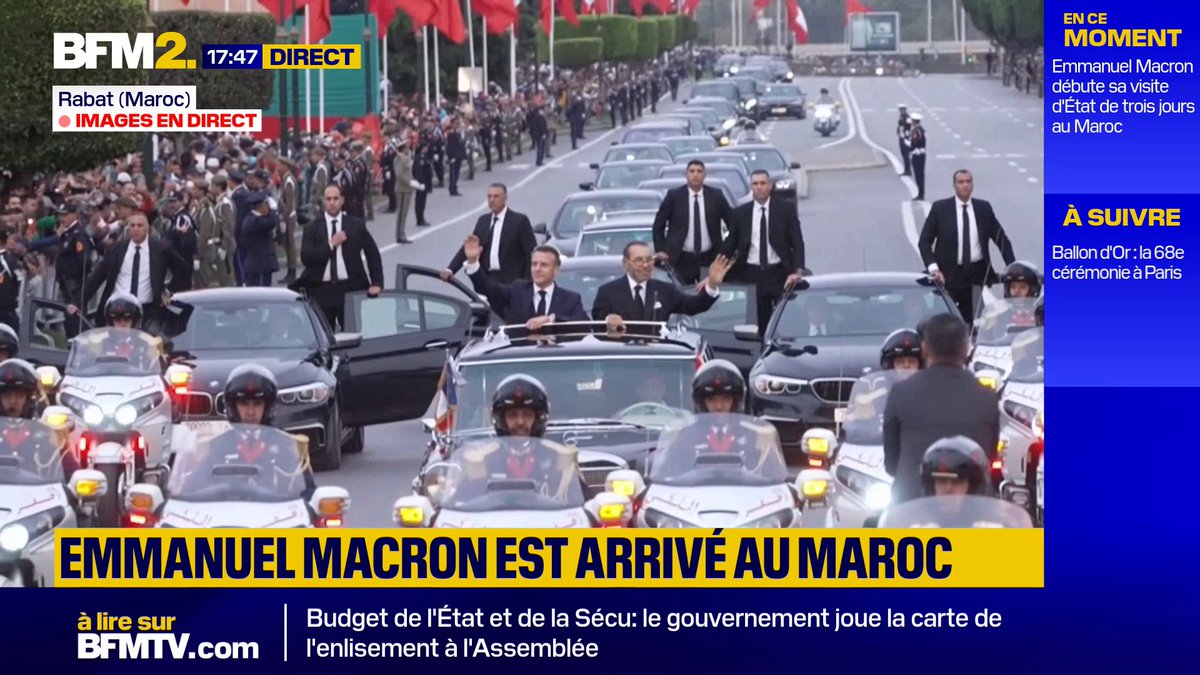 Macron au Maroc: parade en décapotable pour le président français avec le roi Mohammed VI