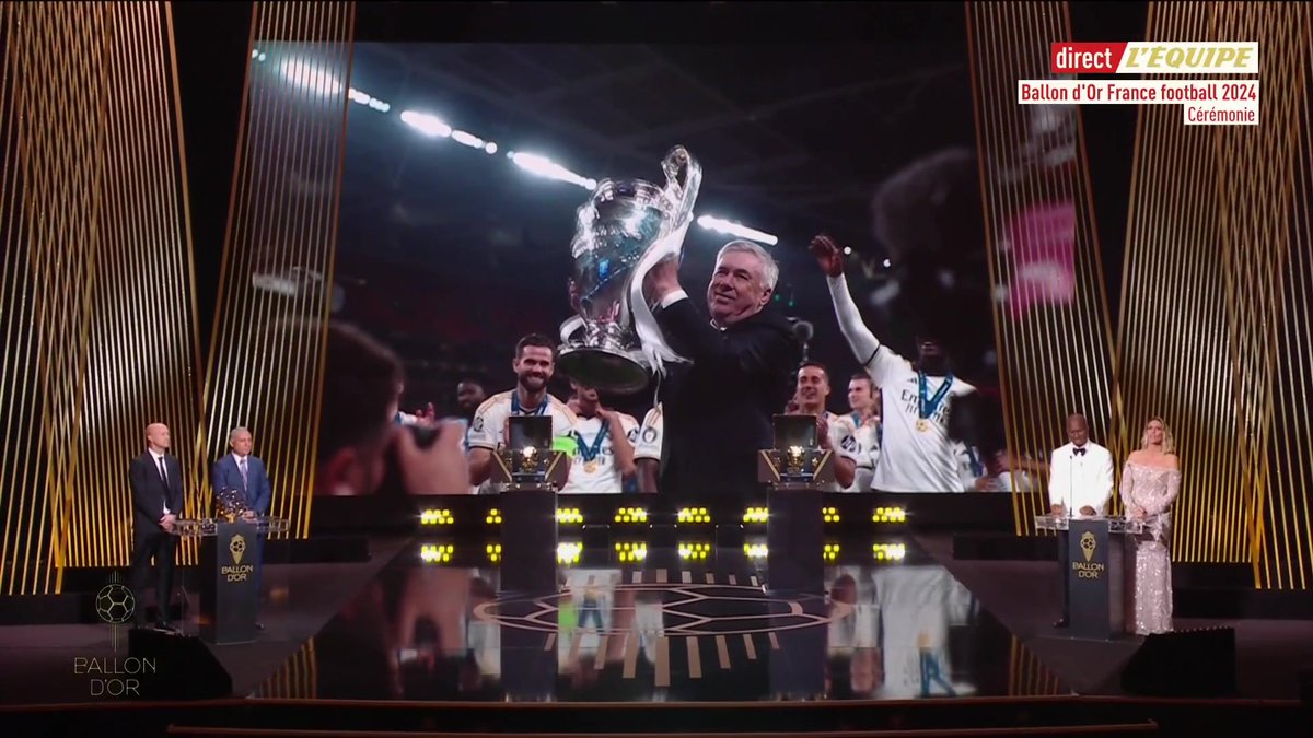 Carlo Ancelotti n’est pas présent pour son trophée du meilleur entraîneur de la saison 2023/2024. 😬 C’était ce soir l’inauguration de ce trophée. #BallonDor