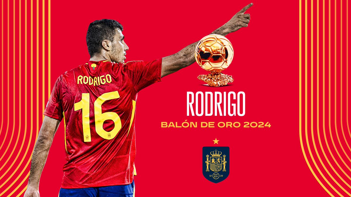 Para nosotros lo eras hace tiempo. 𝗔𝗵𝗼𝗿𝗮 𝗹𝗼 𝗲𝗿𝗲𝘀 𝗽𝗮𝗿𝗮 𝗲𝗹 𝗺𝘂𝗻𝗱𝗼 𝗲𝗻𝘁𝗲𝗿𝗼. Enhorabuena por ganar un más que merecido BALÓN DE ORO, Rodrigo. #VamosEspaña | #BallonDor