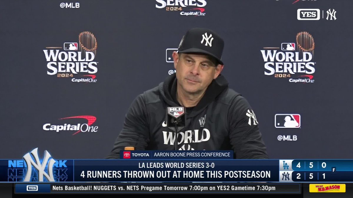 Aaron Boone on the Yankees' 3-0 series deficit: "Hopefully we can go be this amazing story and shock the world...but we got to grab one first." #YANKSonYES
