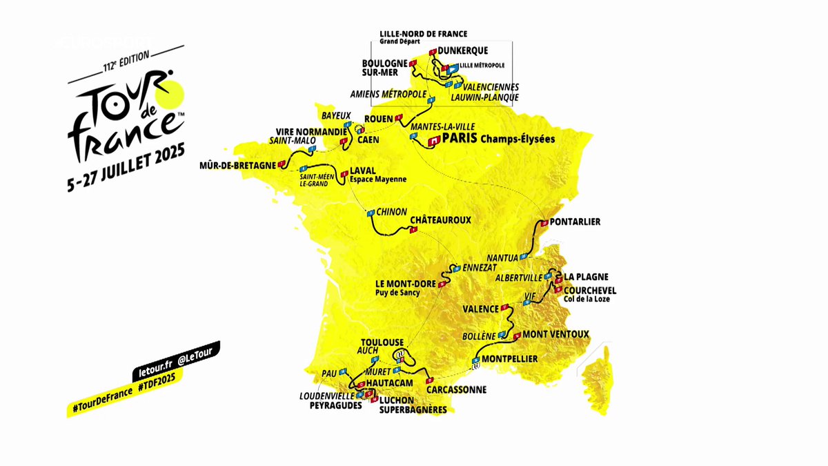 ๐คฉ Un grand dรฉpart ร Lille, le Mont Ventoux, Peyragudes ou encore Hautacam, et le retour d'une traditionnelle arrivรฉe ร Paris Pogacar, Vingegaard et Evenepoel auront fort ร faire en juillet ! Le #TDF2025 sera ร suivre en direct et en intรฉgralitรฉ sur Eurosport avec #LesRP