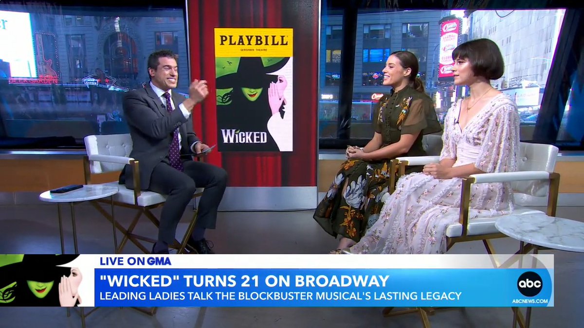 Oz's current Broadway Witches Mary Kate Morrissey and Alexandra Socha celebrate #WICKED's anniversary on Good Morning America! 💚💖