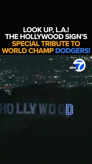 Look up, L.A.! Part of the Hollywood sign is lit up in a tribute to your world champion Dodgers. It's just one of many L.A. landmarks taking on a Dodger blue hue. Eyewitness News is live across SoCal as Dodger fans celebrate. Tonight at 11 from ABC7.