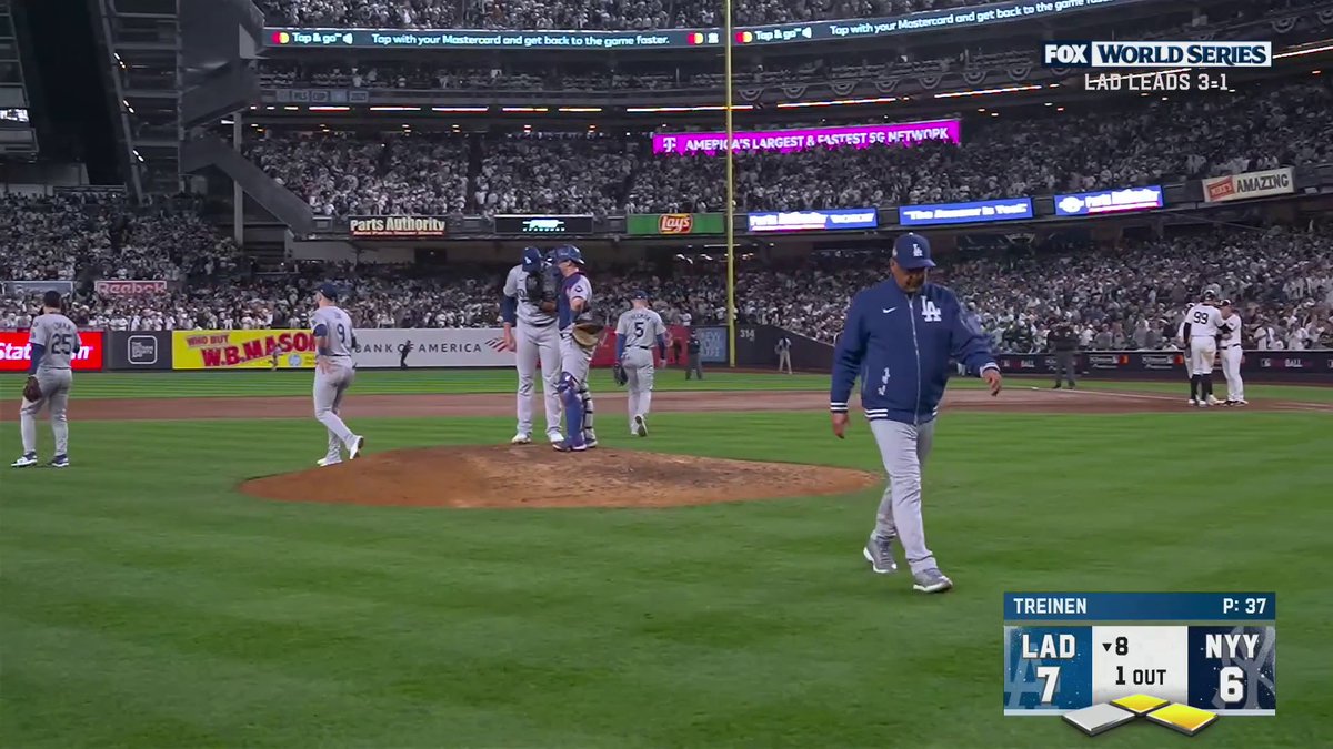 Watching this back from last night and what a moment Blake Treinen was at 37 pitches and had just put two on with one out Dave Roberts goes out to the mound to see if Treinen has it in his eyes He leaves him in... and Treinen gets outta the inning
