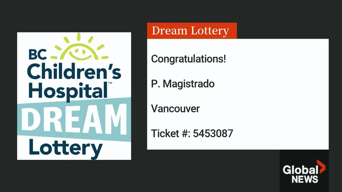In case you missed it, here is the lucky grand prize winner of the BC Children’s Hospital Dream Lottery: P. MAGISTRADO Vancouver, BC Ticket #5453087 The BC Children's Hospital Lottery winner was selected at the BC Children’s Hospital Foundation in Vancouver this morning.