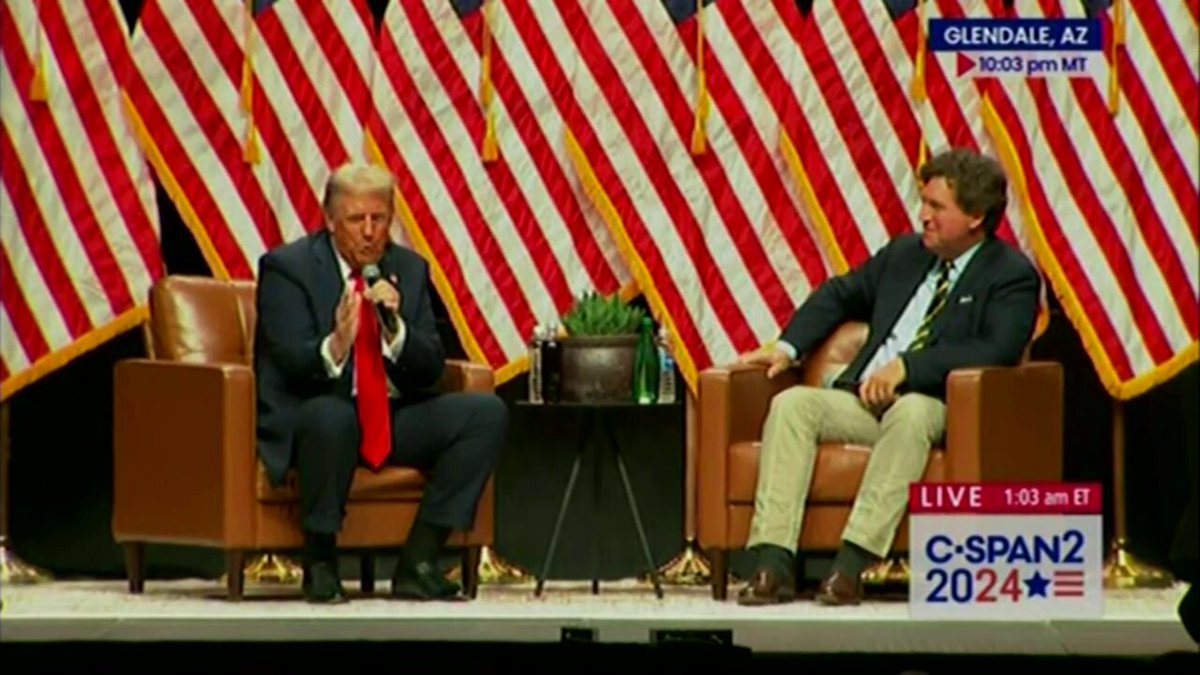 Trump is just ranting and raving about Roger Penske and truckers while Tucker sits there. This event might go all night long. I'm not sure I've ever seen Trump less coherent than this. His brain is just flitting around and Tucker isn't helping him out.