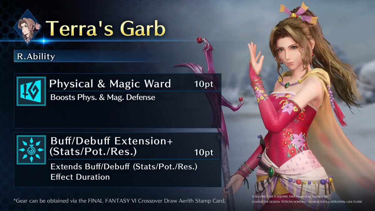 Check out Aerith's Terra's Garb! Get this Aerith-Exclusive Gear from FINAL FANTASY VI Crossover Draw Aerith on the Stamp Card! #FF7EC #FF7EverCrisis #FF7