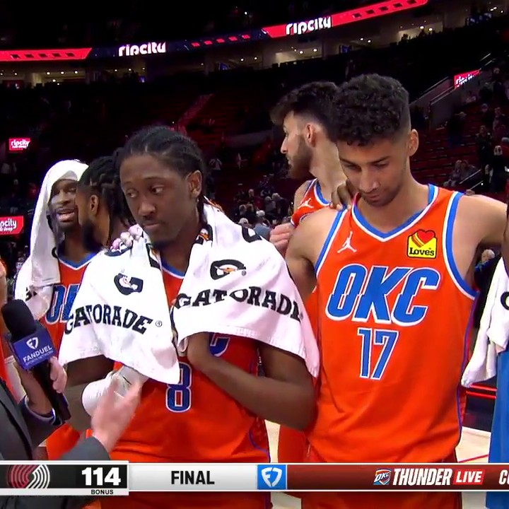 Malevy Leons barked in tonight’s Thunder postgame interview. You can peep SGA making sure he received the game ball as he scored his first career points tonight. Super fun group