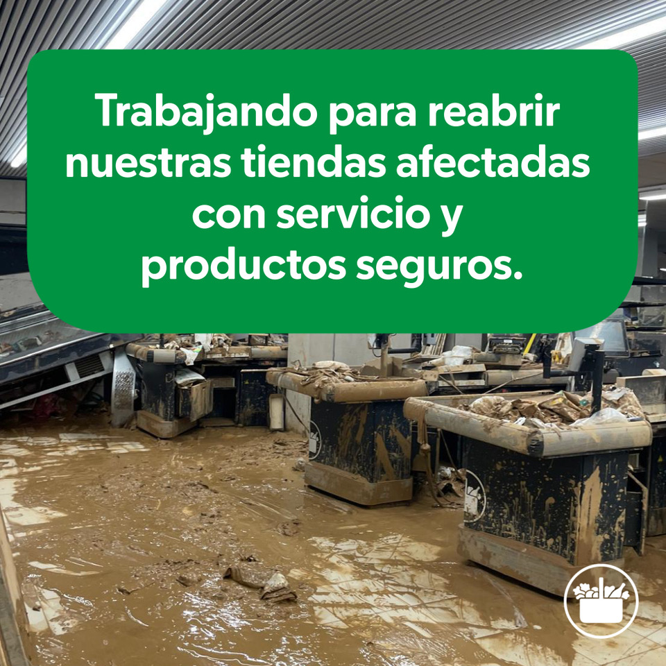 El equipo #Mercadona seguimos trabajando para recuperar nuestras tiendas afectadas en Valencia y poder abrir con un surtido seguro✅ y que garantice el abastecimiento. ¡Gracias! 💚