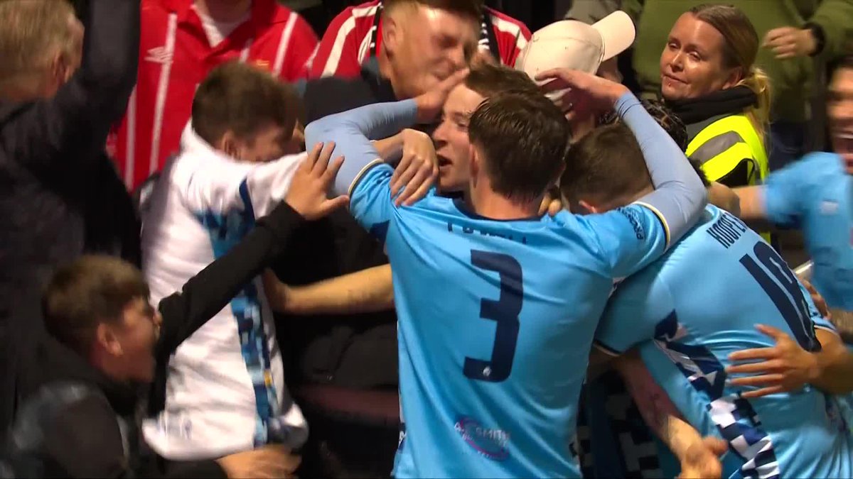You just couldn't write it 🤩 Kettering Town FC born Luca Miller has scored in the derby! 😱 #EmiratesFACup