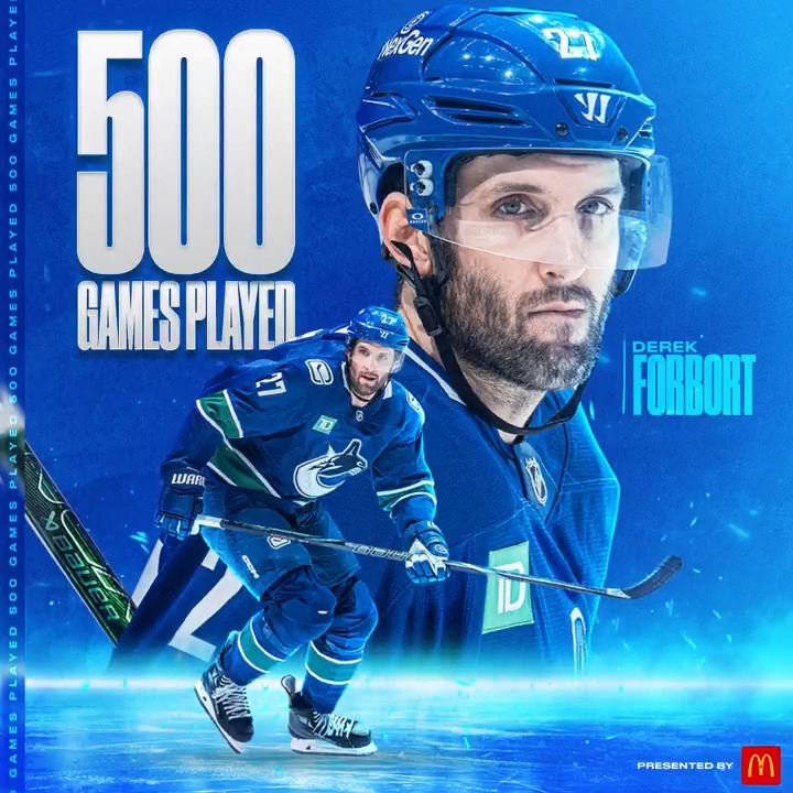 5️⃣0️⃣0️⃣ for Forbort! Congrats, Derek 💪 #Canucks | McDonald's 🇨🇦