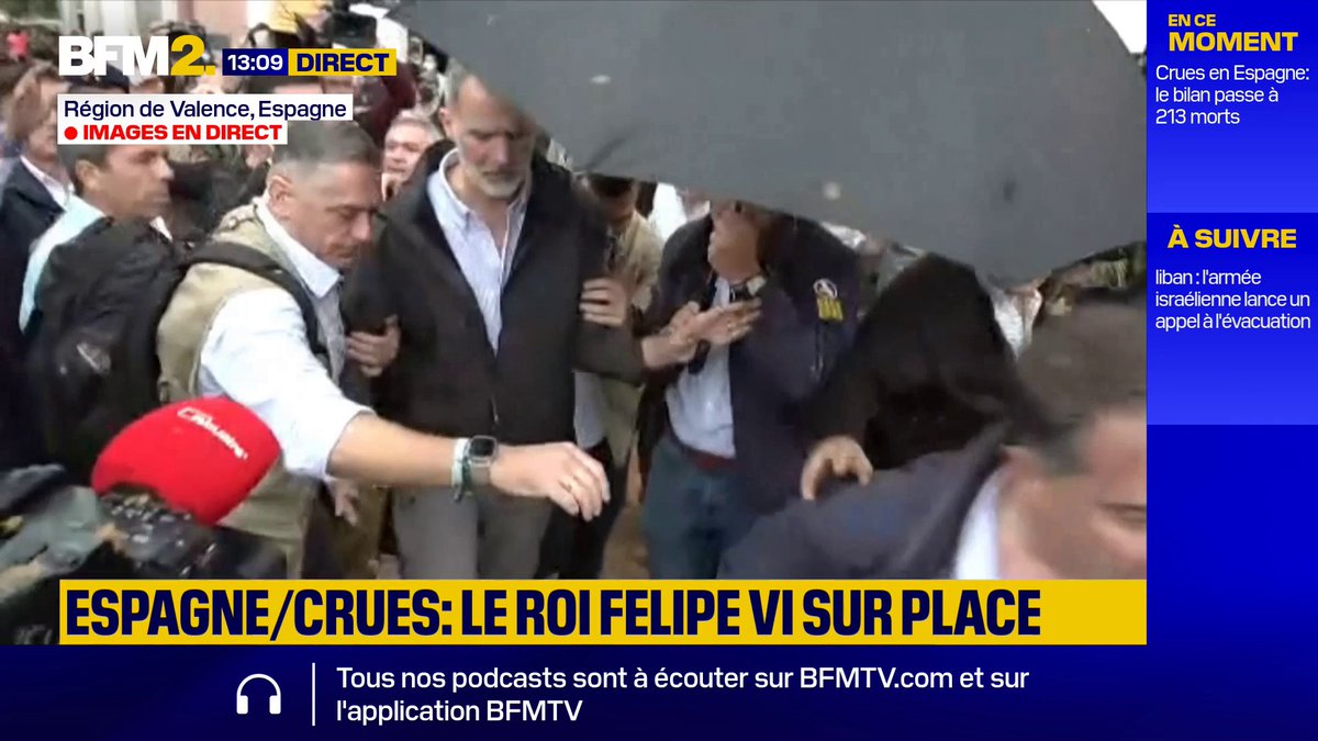 "Assassin, assassin, assassin !" Le roi d'Espagne Felipe VI et son épouse chahutés par les résidents à leur arrivée sur le lieu d'une des villes les plus endeuillées par les inondations qui ont ravagé cette semaine le sud-est du pays.