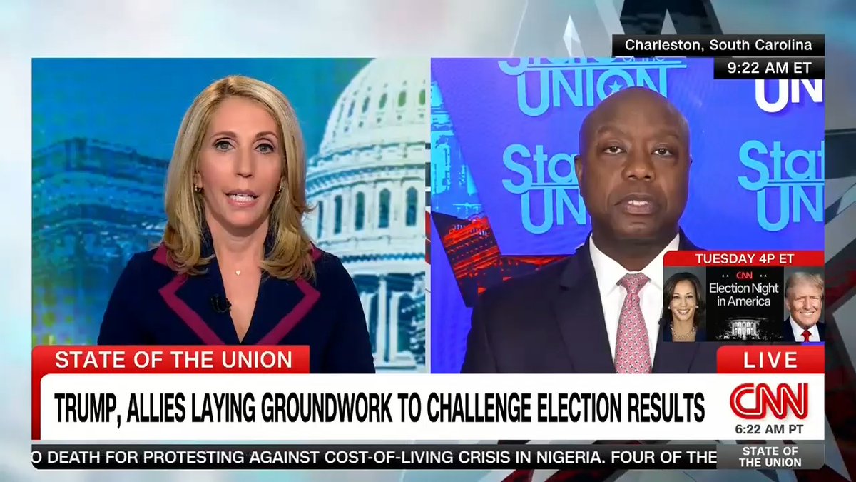 BASH: "You think it's OK to spread false rumors about fraud and undermine the integrity of the election, regardless of what happens?" SCOTT: "The liberal media has done a better job of spreading misinformation than any candidate I have seen so far." BASH: "Oh come on, Senator."