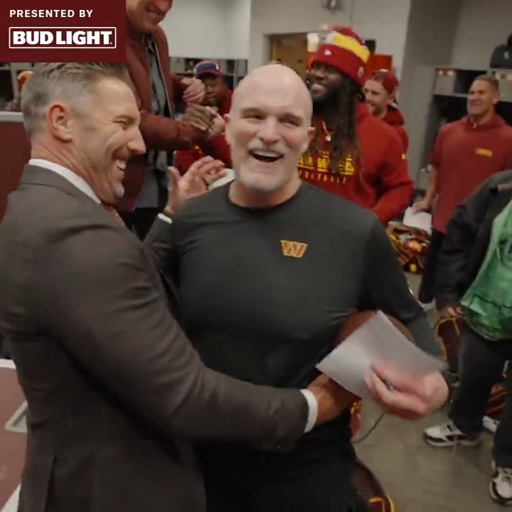AWESOME: #Commanders owner Josh Harris presents head coach Dan Quinn the game ball because today was his 50th career win and the LOCKER ROOM GOES CRAZY. 👏 The culture in Washington is special now.