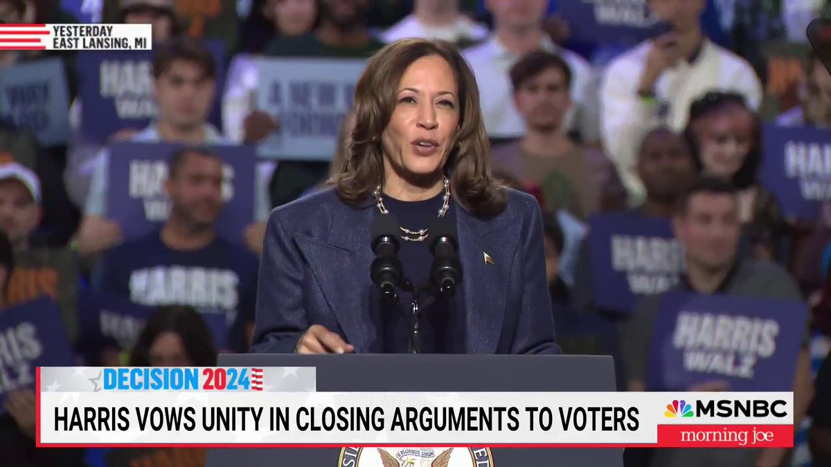 "She delivers the message that I think Americans want, which is 'let's come together, I'm going to be president for all Americans.'" @joenbc on Harris vowing unity in closing arguments to voters