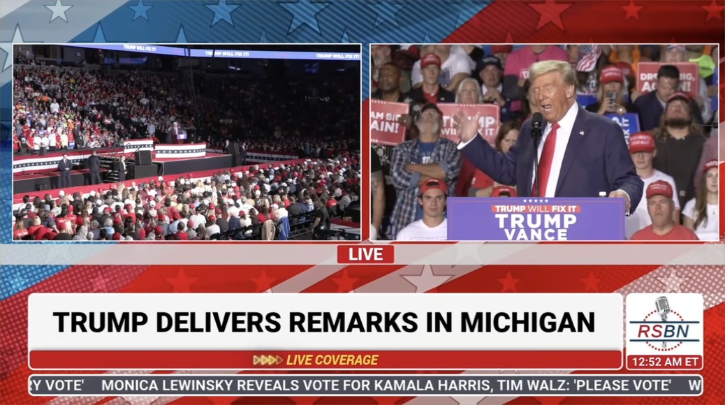 Trump: Right here in Detroit… (Trump is in Grand Rapids, not Detroit)