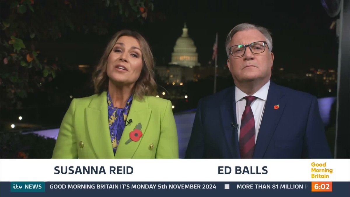 Good morning from Washington, D.C. In what has become the tightest race in US election history, will Donald Trump complete his remarkable return to the White House, or will his rival Kamala Harris cling to power for the Democratic Party? Susanna Reid | Ed Balls