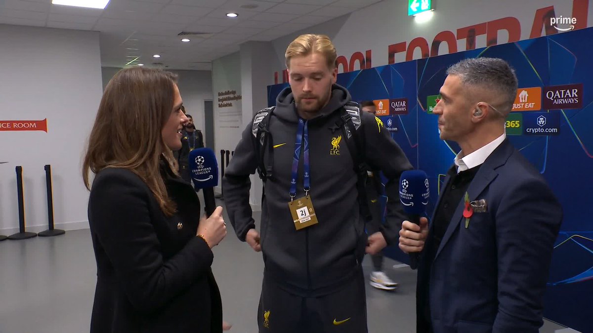 Caoimhin Kelleher's FIRST #UCL game in front of a full house at Anfield! The goalkeeper catches up with Alex Aljoe & Luis Garcia before Liverpool v Leverkusen... #UCLonPrime
