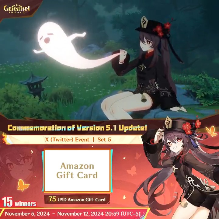 ✨Set 5✨ Commemoration of Version 5.1 Update 🎁Participate in the event for a chance to win a $75 Amazon gift card. How to Participate: ① Follow Genshin Impact ② Retweet this post You can instantly check the event results here>>> #GenshinImpact