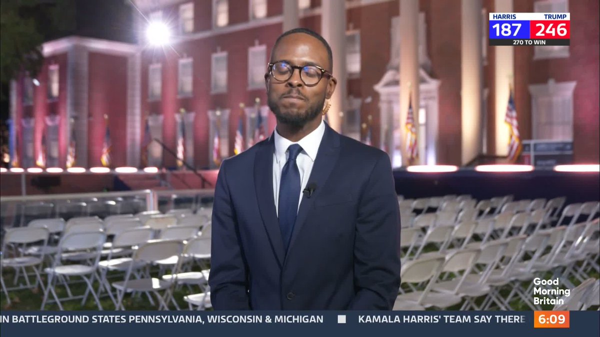 'I'm supposed to ask, do they think they can still win? But they're not even there.' Noel Phillips reports from an empty Kamala Harris party, where the vice president was supposed to speak. A spokesman has said Harris won't address supporters tonight but they still have hope.