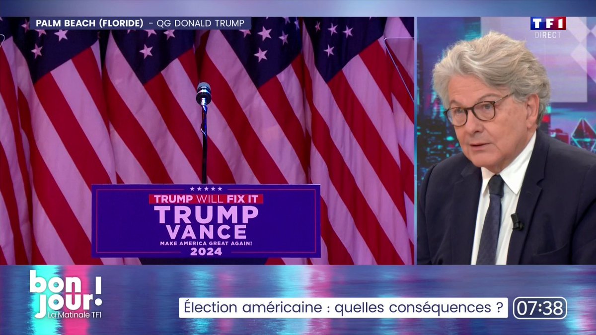 🇺🇸 Élection américaine : quelles conséquences ? 🗣️ "Comme Donald Trump aura beaucoup de moyens à sa disposition, il pourra faire encore plus ce qu'il souhaite, en particulier en ce qui concerne les politiques commerciales" : Thierry Breton à Adrien Gindre 📺 #BonjourLaMatinaleTF1