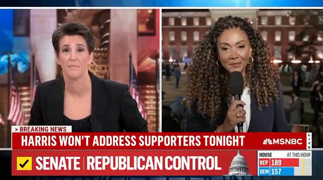 An MSNBC reporter explains the "somber" mood at Kamala Harris' election celebration party at Howard University. Harris refused to address her supporters and the party ended.