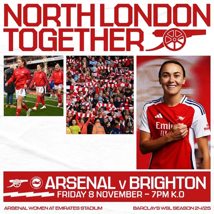 Friday night under the N5 lights 🤩 Tickets are still available for our WSL clash with Brighton &amp; Hove Albion, Gooners 👇