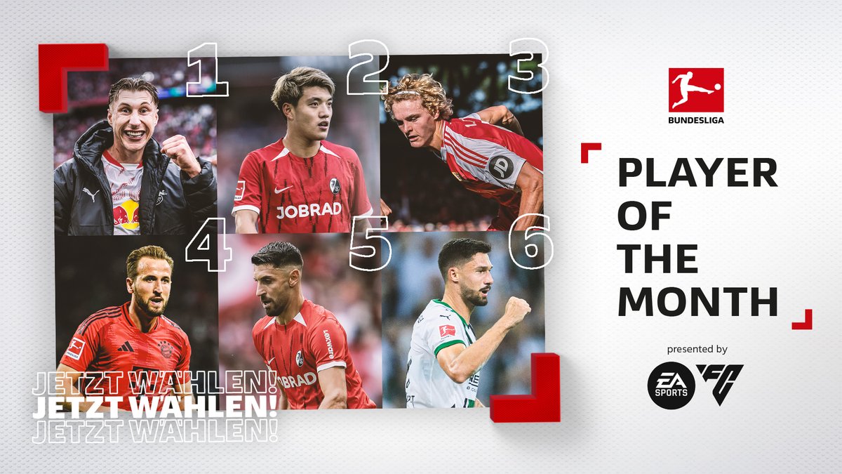 Wer wird der #BundesligaPOTM des Monats Oktober! 🤔 ⚽️ Willi #Orban (RB Leipzig) ⚽️ Ritsu #Doan (SC Freiburg) ⚽️ Tom #Rothe (1. FC Union Berlin) ⚽️ Harry #Kane (FC Bayern München) ⚽️ Vincenzo #Grifo (SC Freiburg) ⚽️ Tim #Kleindienst (Borussia) Jetzt abstimmen 🗳️