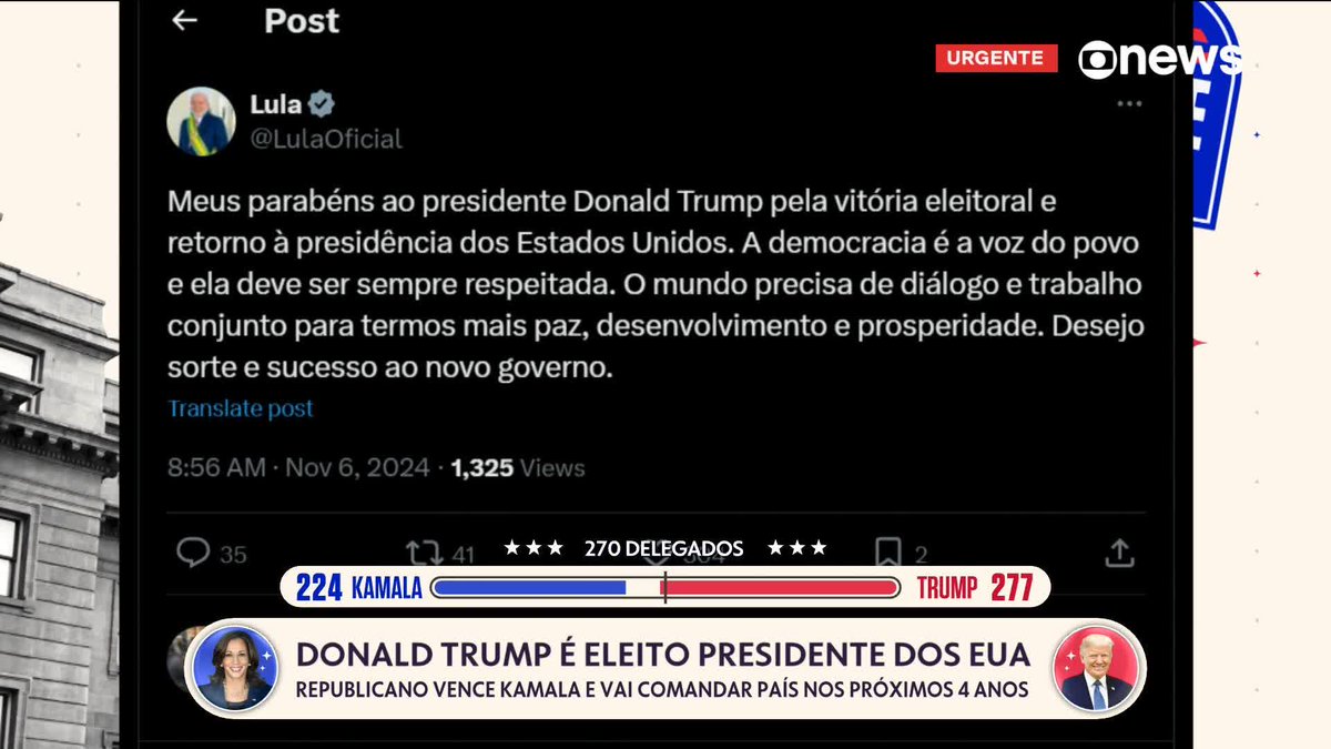 Presidente Lula parabeniza Donald Trump pela vitória nas eleições dos EUA: "Desejo sorte e sucesso ao novo governo". ➡ Assista ao #GloboNewsEmPonto: #GloboNews