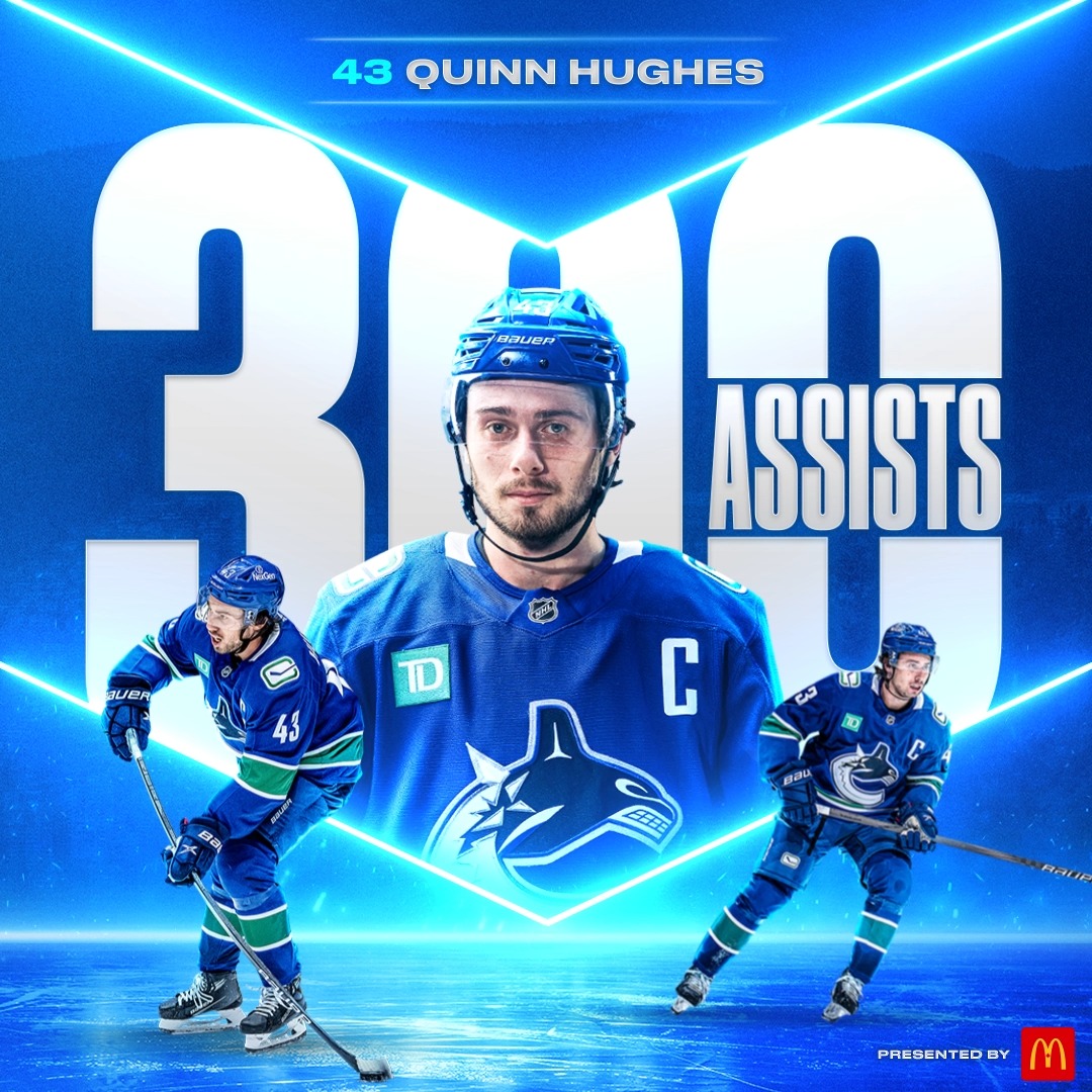 Historic Hughes adds to his resume. Congrats to Captain Quinn on becoming the 3rd fastest defenceman in NHL history to reach 300 career assists. 👏 #Canucks | McDonald's 🇨🇦