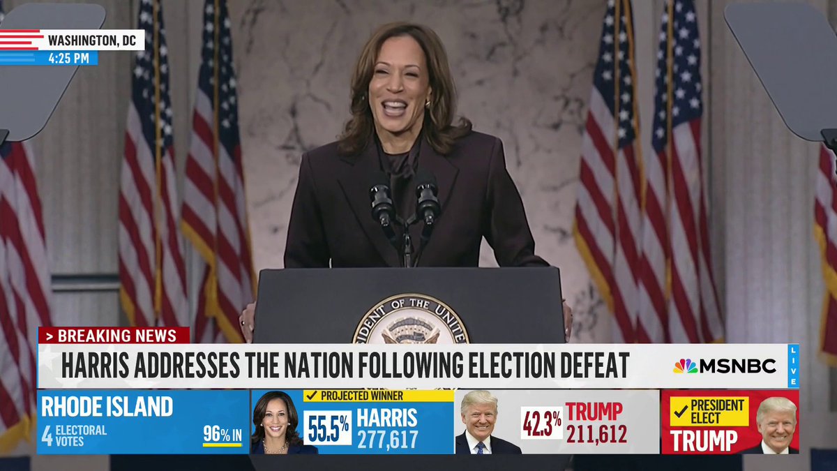 Kamala Harris delivers concession speech after losing presidential race to Donald Trump. "The light of America's promise will always burn bright, as long as we never give up and as long as we keep fighting," Harris said.