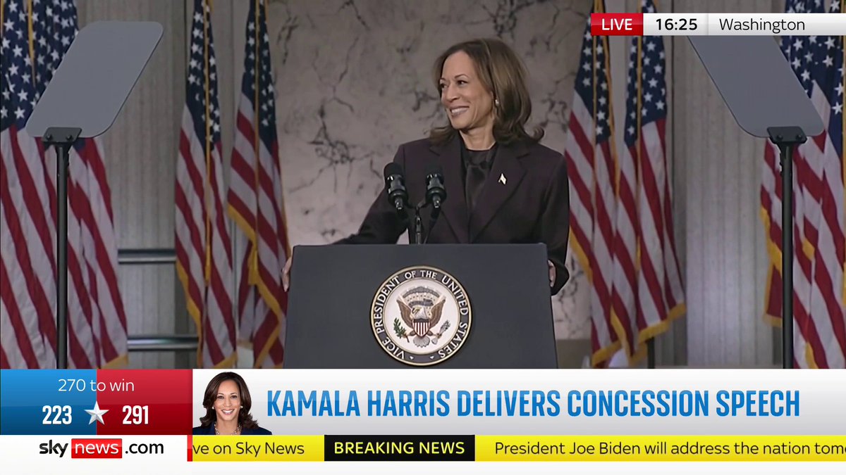 'The light of America's promise will always burn bright as long as we keep never give up, and as long as we keep fighting'. Kamala Harris is delivering her concession speech after losing the #USElection to Donald Trump. 📺 Sky 501