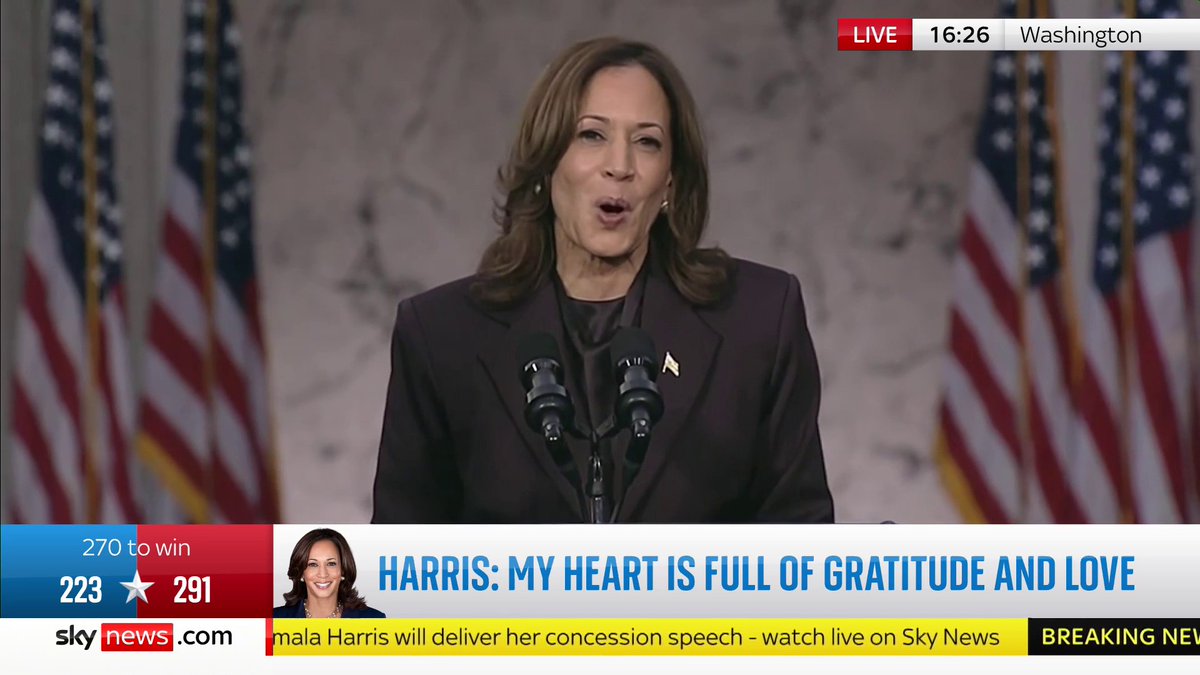 'To the young people watching... please know it will be ok', Kamala Harris tells the crowd. 'That doesn't mean we won't win' she adds. US election latest: 📺 Sky 501, Virgin 602, Freeview 233 and YouTube