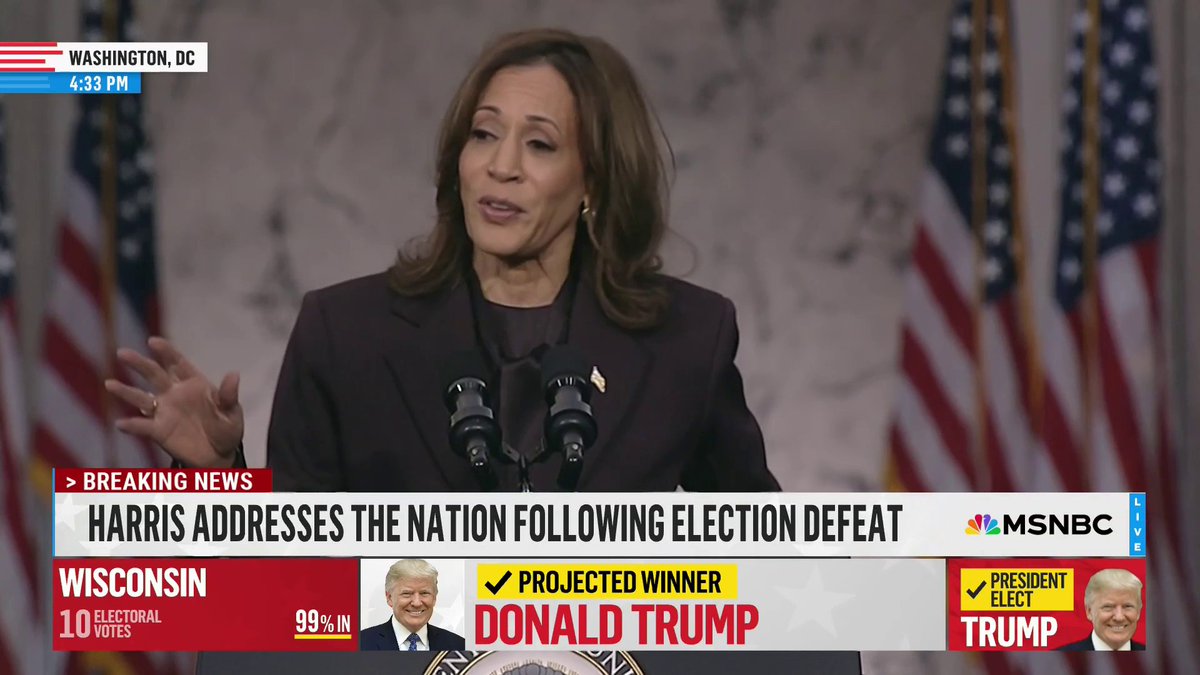 Kamala Harris addresses young people watching her concession speech. "It is okay to feel sad and disappointed. But please know it's going to be okay," she said.