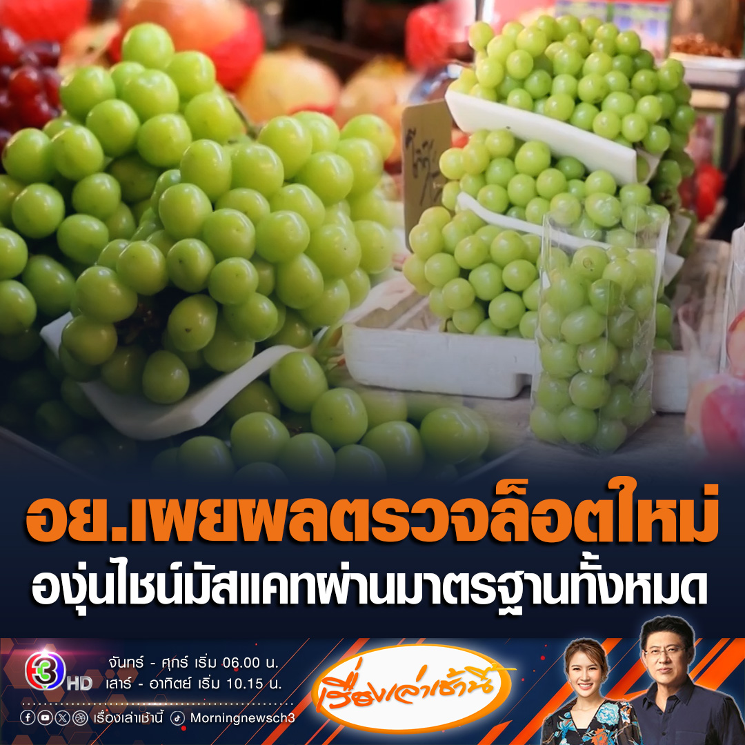 #เรื่องเล่าเช้านี้ อย.เข้าไปตรวจสอบองุ่นไซน์มัสแคทนำเข้าล็อตใหม่ พบว่าผ่านมาตรฐานทั้งหมด 6 พันกว่ากิโลกรัม เผยก่อนนำไปขายทาง อย.ได้กักเก็บตัวอย่างก่อน รู้ผลภายใน 24 ชั่วโมง หากพบมีค่าเกินมาตรฐานจะดำเนินคดีทันที #ข่าวช่อง3 #ข่าวเศรษฐกิจ