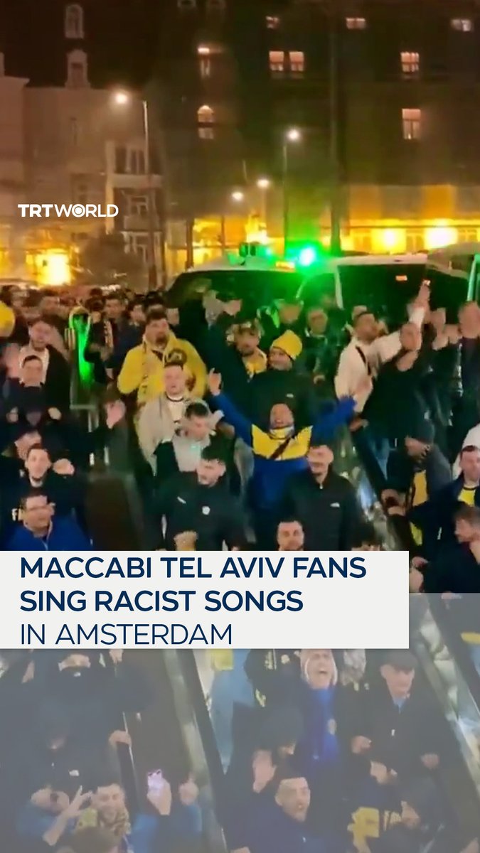 Maccabi Tel Aviv fans chant racist slurs on the streets of Amsterdam, where they were attending a UEFA Europa League game, calling for the extermination of Palestinians