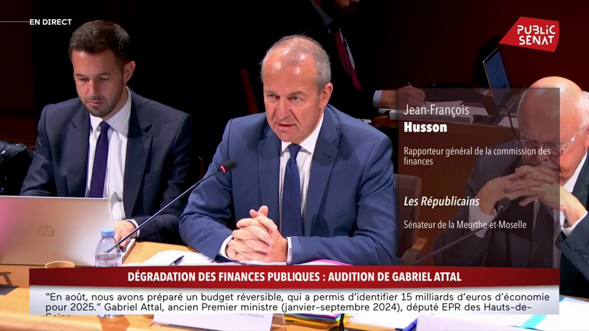 #Déficit : "Bruno Le Maire nous a dit que réduire l’endettement a été son obsession. Avec 1000 milliards de dettes supplémentaires, qu’est-ce que ça aurait été si ça n’avait pas été le cas…", tacle le rapporteur Jean-François Husson devant Gabriel Attal "Les faits sont têtus"