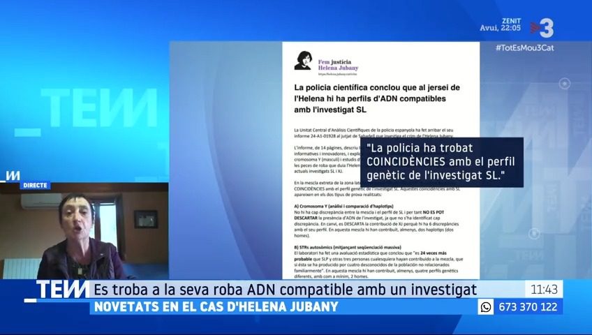 🔴 Novetats en el cas d’Helena Jubany “En la comparativa amb la mostra biològica que hi havia al jersei de l’Helena Jubany hi ha coincidències amb el perfil biològic del principal sospitós”, turasoler, periodista #TotEsMou3Cat ▶