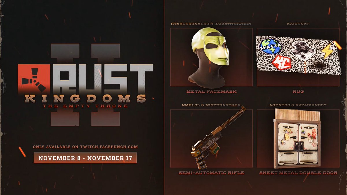 Rust Kingdoms starts at 20:00 GMT / 15:00 EST on Twitch!👑 Don't miss out on these Twitch Drops, check out all the great streamers involved, and sync your accounts here: