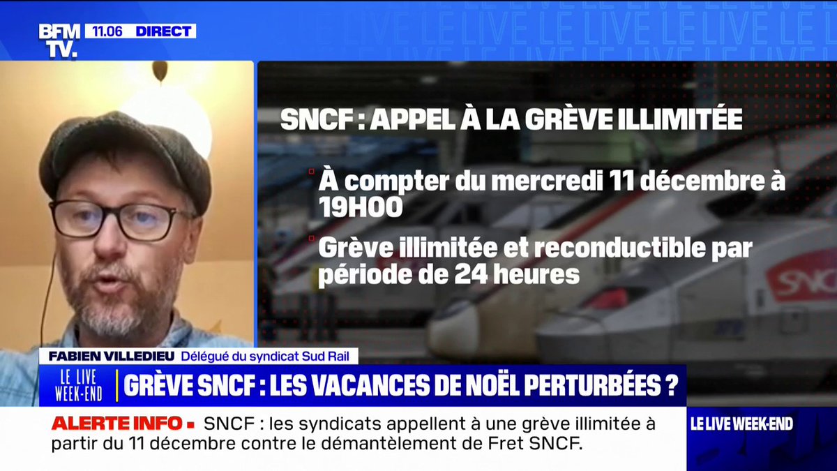 Grève SNCF: "Le premier avertissement aura lieu le 21 novembre, on aura le temps de discuter" avant les vacances de Noël, indique Fabien Villedieu, délégué du syndicat Sud Rail