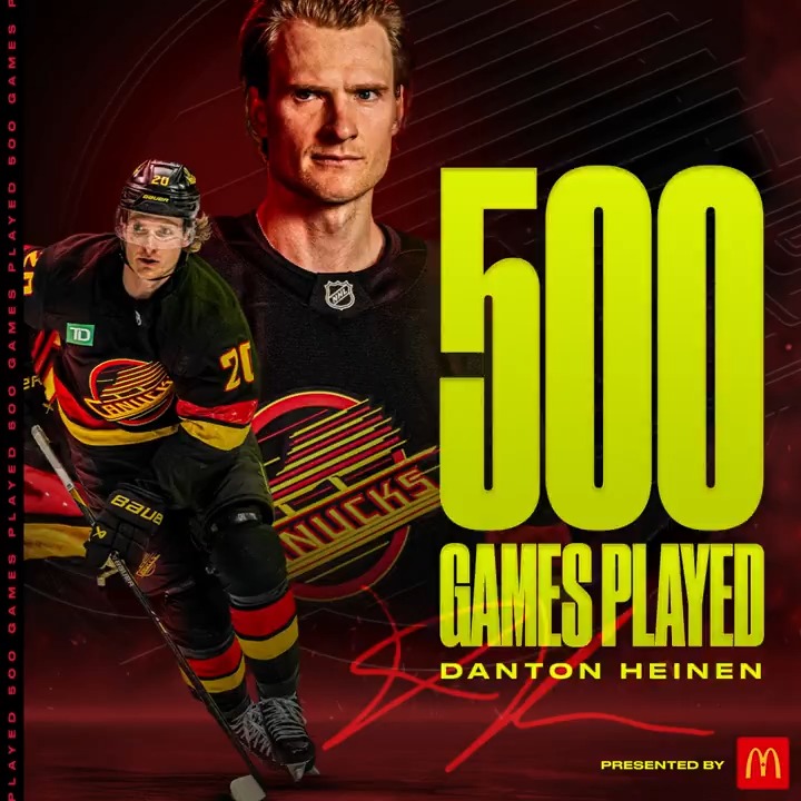 Hometown Heinen reaches 5️⃣0️⃣0️⃣ games. Congrats Danton! #Canucks | McDonald's 🇨🇦