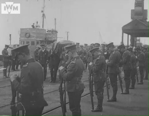 The coffin of the Unknown Warrior arrives in Britain from France and is taken to the Cenotaph before the final burial at Westminster Abbey, 10-11 November 1920. Film: IWM 505